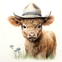 Adorable Baby Cow in a Cowboy Hat Standing in a Field AI Generated photo