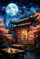 Japanese Noodle House under Starry Sky  Watercolor Painting AI Generated photo
