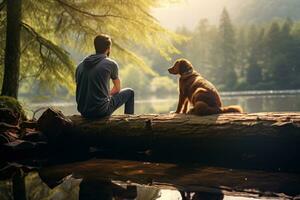 Man Sitting on Log with Dog in Bokeh Panorama AI Generated photo