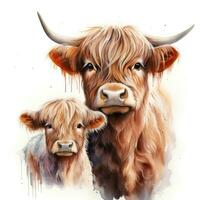 Mother and Baby Highland Cow with Tartan Scarf  Watercolor Clipart AI Generated photo