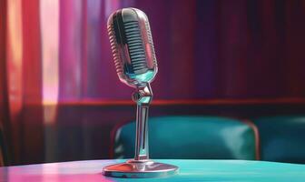 Microphone on Table with Blurred Background AI Generated photo
