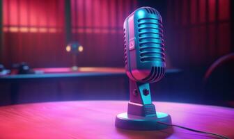 Colorful Microphone on Table with Purple Light AI Generated photo