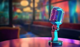 Microphone on Table with Blurred Background AI Generated photo