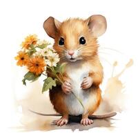 Adorable Mouse Holding a Flower  Watercolor Clipart AI Generated photo