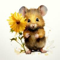 Adorable Mouse Holding a Yellow Flower  Watercolor Clipart AI Generated photo