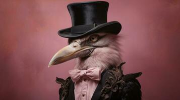 Elegant Pink Bird with Top Hat and Glasses AI Generated photo