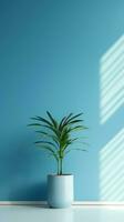 Brightly Lit Room with Full Blue Wall and Green Plant AI Generated photo