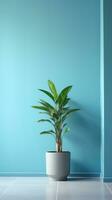 brillantemente iluminado habitación con lleno azul pared y verde planta ai generado foto