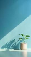 brillantemente iluminado habitación con lleno azul pared y verde planta ai generado foto