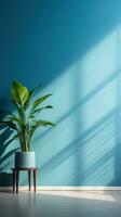 brillantemente iluminado habitación con lleno azul pared y verde planta ai generado foto