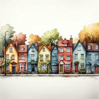 Colorful Clipart of Quirky English Countryside Houses on White Background AI Generated photo
