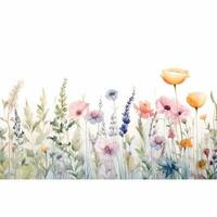 Soft Pastel Watercolor Field Flowers on White Background AI Generated photo