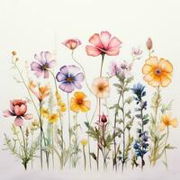 Soft Pastel Field Flowers on White Background AI Generated photo