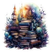 Fantasy Book Stack with Watercolor Clipart AI Generated photo