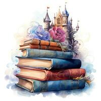 mágico disney princesa artículos rodeando un pequeño apilar de libros ai generado foto