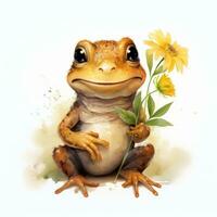 Smiley Frog Holding Flower  Watercolor Clipart on White Background AI Generated photo