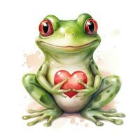 Smiley Frog Holding a Big Heart  Watercolor Clipart on White Background AI Generated photo