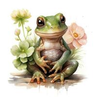 Smiley Frog Holding Flower  Watercolor Clipart on White Background AI Generated photo