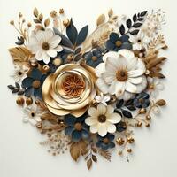 Minimalist Flower Decorated Gold Heart Shape  Boho Style Clipart AI Generated photo