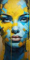 vibrante estilizado urbano Arte mujer con amarillo cara y azul tonos ai generado foto