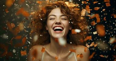 Joyful Woman Laughing in Front of Confetti AI Generated photo