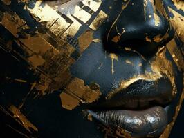 Stylish Urban Woman Covered in EyeCatching Black and Gold Paint AI Generated photo