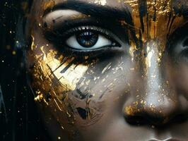Stunning Woman with Black and Gold Paint in EyeCatching Urban Style AI Generated photo