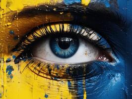 Vibrant Woman Covered in Blue and Yellow Paint AI Generated photo