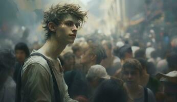 Young Man Leading a Crowd Outdoors in Cinematic Junglepunk Style AI Generated photo