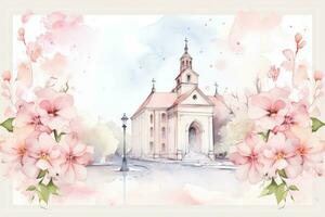 Baptism Celebration Card with Church Watercolor AI Generated photo