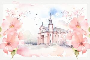 Baptism Celebration Card with Church Watercolor AI Generated photo