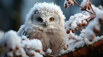 encantador invierno bosque con bebé búho ai generado foto