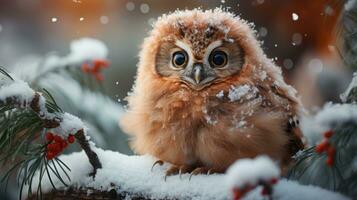 Enchanting Winter Forest with Baby Owl AI Generated photo