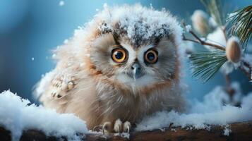 Enchanting Winter Forest with Baby Owl AI Generated photo