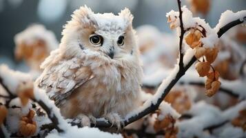 encantador invierno bosque con bebé búho ai generado foto