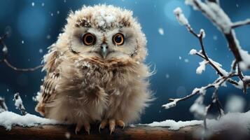 Enchanting Winter Forest with Baby Owl on a Winter Background AI Generated photo