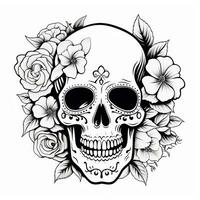 Black and White Skull with Flowers Coloring Page AI Generated photo