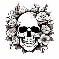 Black and White Skull with Flowers Coloring Page AI Generated photo