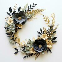 Elegant Black and White Wreath Around Thin Gold Frame Clipart on White Background AI Generated photo