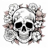 Black and White Skull with Flowers Coloring Page AI Generated photo