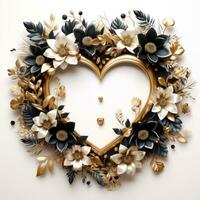 Elegant Black and White Wreath with Gold Frame and Hearts AI Generated photo