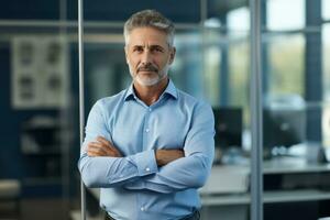 Confident Businessman Standing in Office with Arms Crossed AI Generated photo