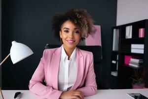 Smiling Businesswoman at Office Desk in Pop Colorism Style AI Generated photo