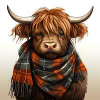 Cartoon Highland Cow with Tartan Scarf Clipart on White Background AI Generated photo