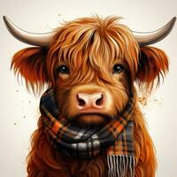 Cartoon Highland Cow with Tartan Scarf Clipart AI Generated photo
