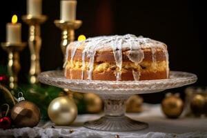 Elegant Christmas Cake on Golden Noble Cake Stand AI Generated photo