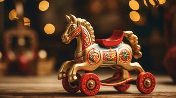 CloseUp of a Beautiful Old Wooden Rocking Horse AI Generated photo