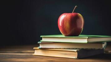 de cerca de un apilar de cinco colegio libros ai generado foto