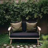 Sofa in Lush Green Garden Japanese and Scandinavian Minimalist Style Interior Design AI Generated photo
