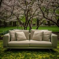 Closeup of a Sofa in a Lush Green Garden Japanese and Scandinavian Minimalist Style Interior Design AI Generated photo